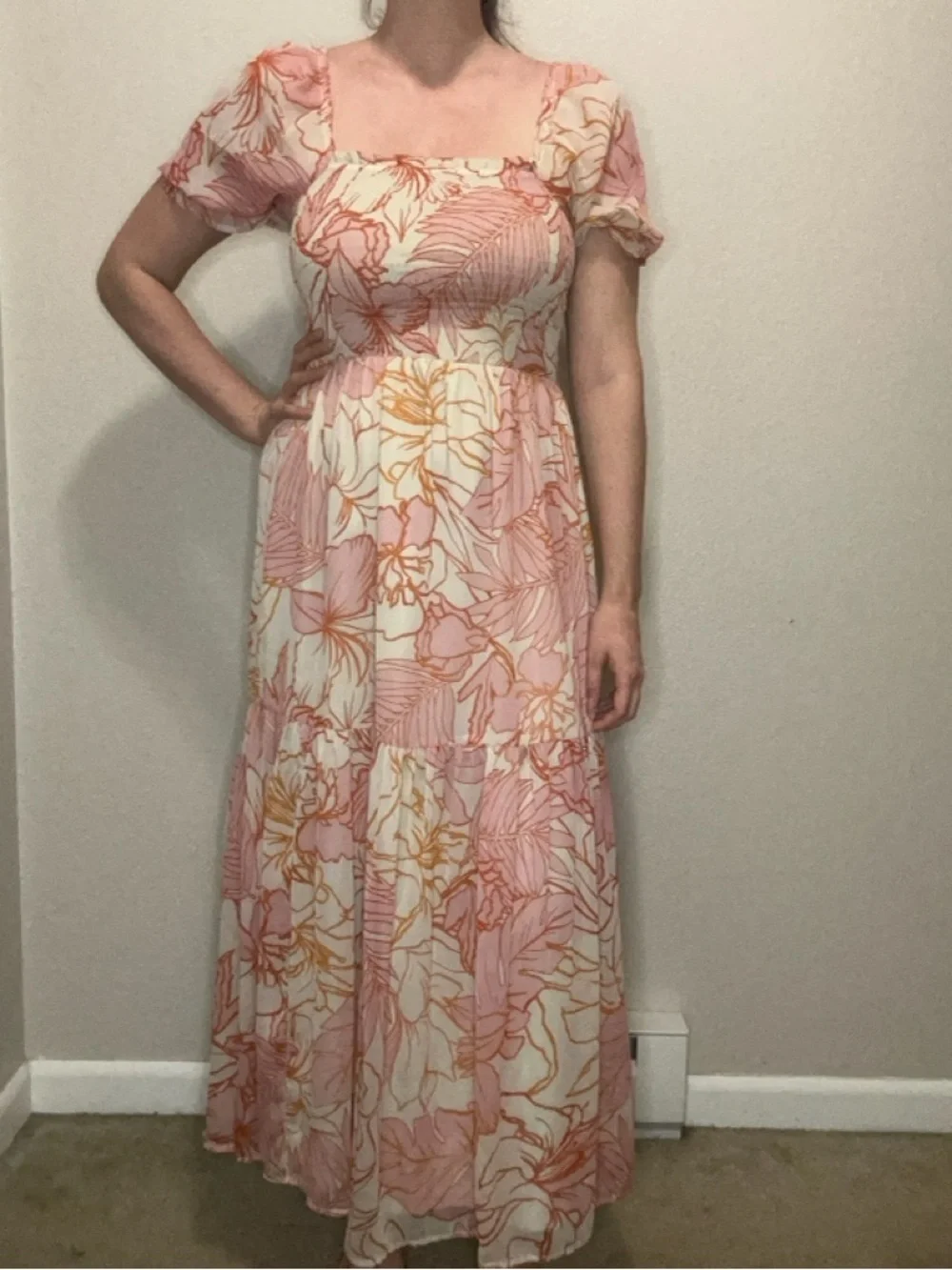 Patrons of Peace Pink Floral Shirred Cottagecore Maxi Dress Puff Sleeve Medium - Picture 2 of 9